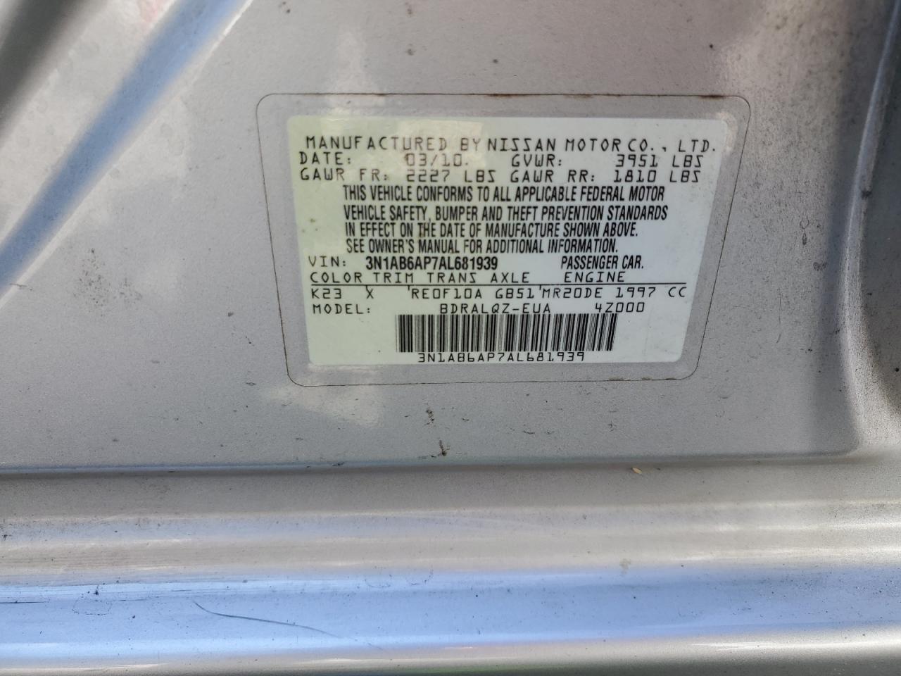 2010 Nissan Sentra VIN 3N1AB6AP7AL681939 Copart auction photo, front end damage thumbnail 14