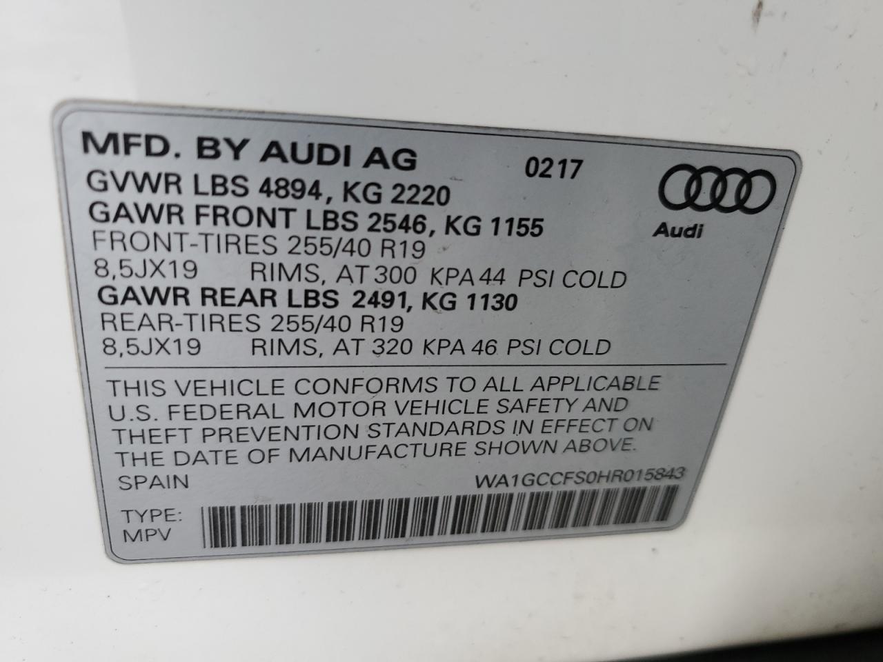 2017 Audi Q3 VIN WA1GCCFS0HR015843 Copart auction photo, rear end damage thumbnail 13