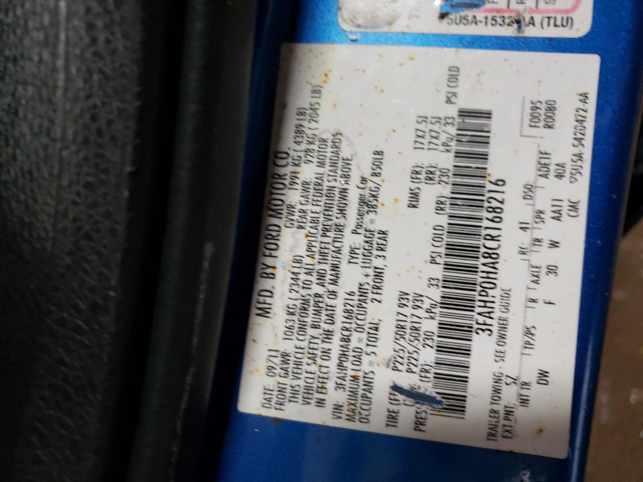 2012 Ford Fusion VIN 3FAHP0HA8CR168216 Copart auction photo, front end / minor dent/scratches damage thumbnail 12