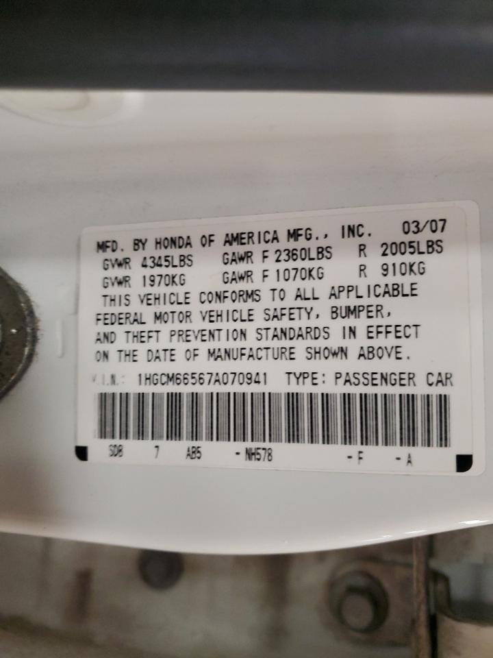 2007 Honda Accord VIN 1HGCM66567A070941 Copart auction photo, rear end damage thumbnail 12