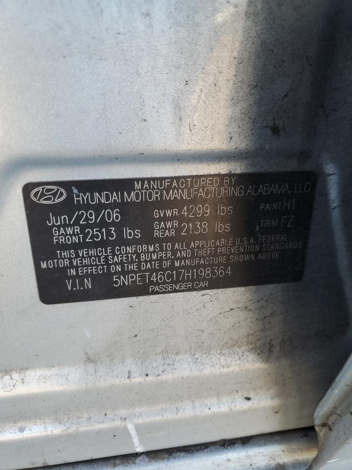 2007 Hyundai Sonata VIN 5NPET46C17H198364 Copart auction photo, rear end damage thumbnail 12