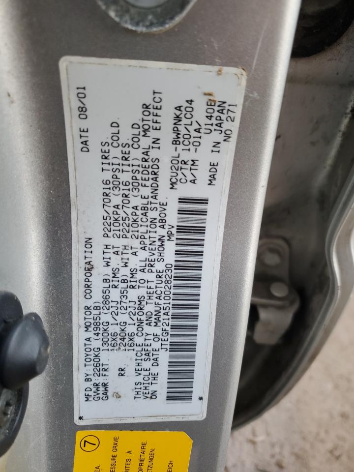 2001 Toyota Highlander VIN JTEGF21A510028230 Copart auction photo, rear end damage thumbnail 13