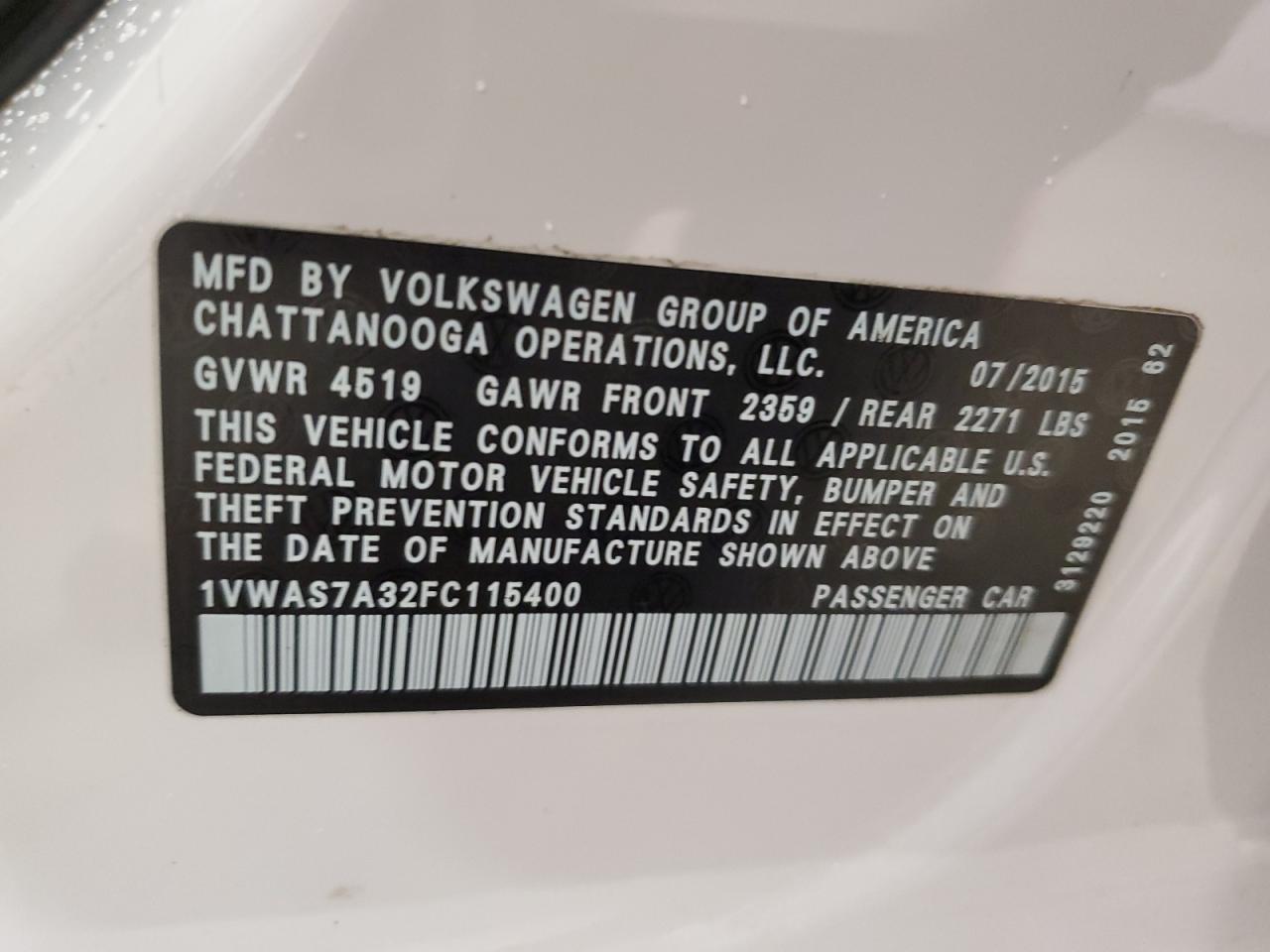 2015 Volkswagen Passat VIN 1VWAS7A32FC115400 Copart auction photo, side / front end damage thumbnail 12