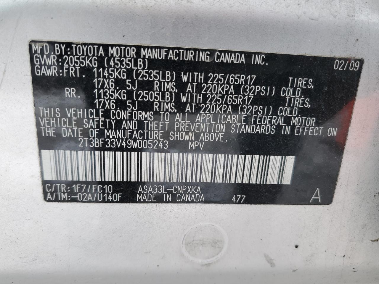 2009 Toyota RAV 4 VIN 2T3BF33V49W005243 Copart auction photo, front end damage thumbnail 13