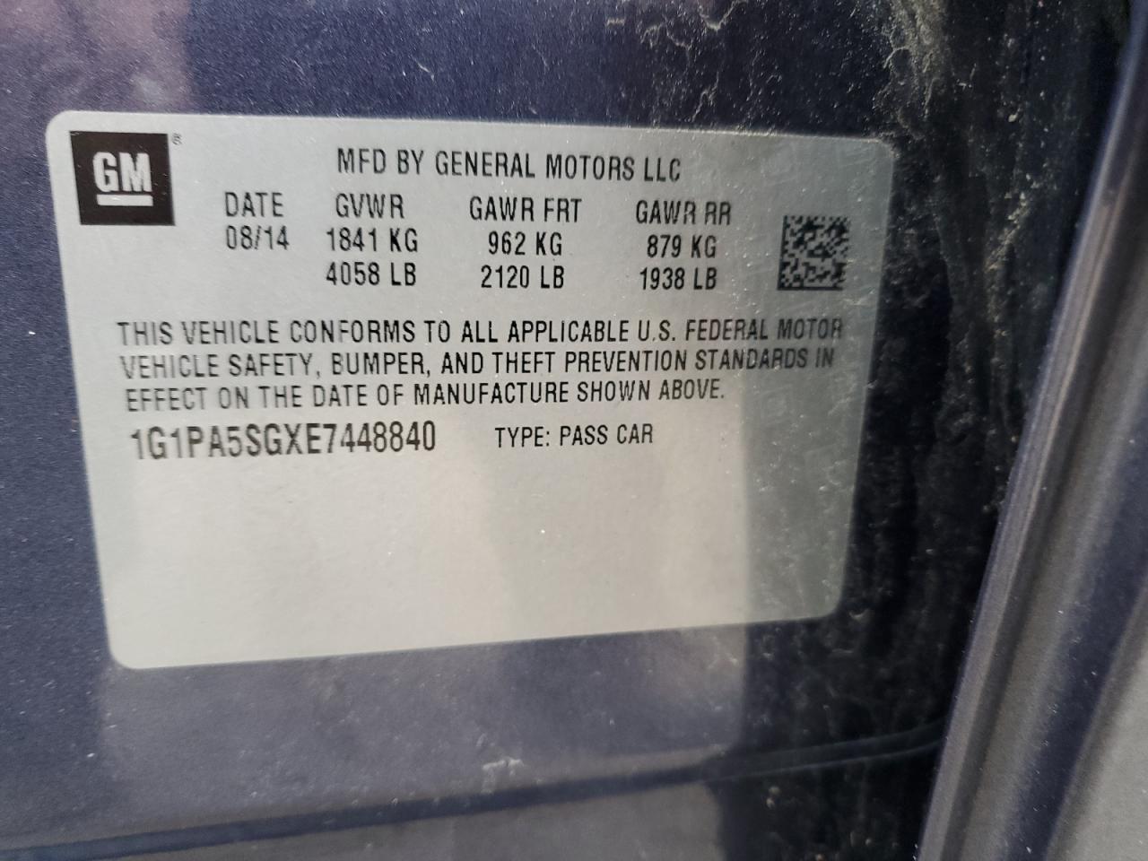 2014 Chevrolet Cruze VIN 1G1PA5SGXE7448840 Copart auction photo, front end / minor dent/scratches damage thumbnail 12
