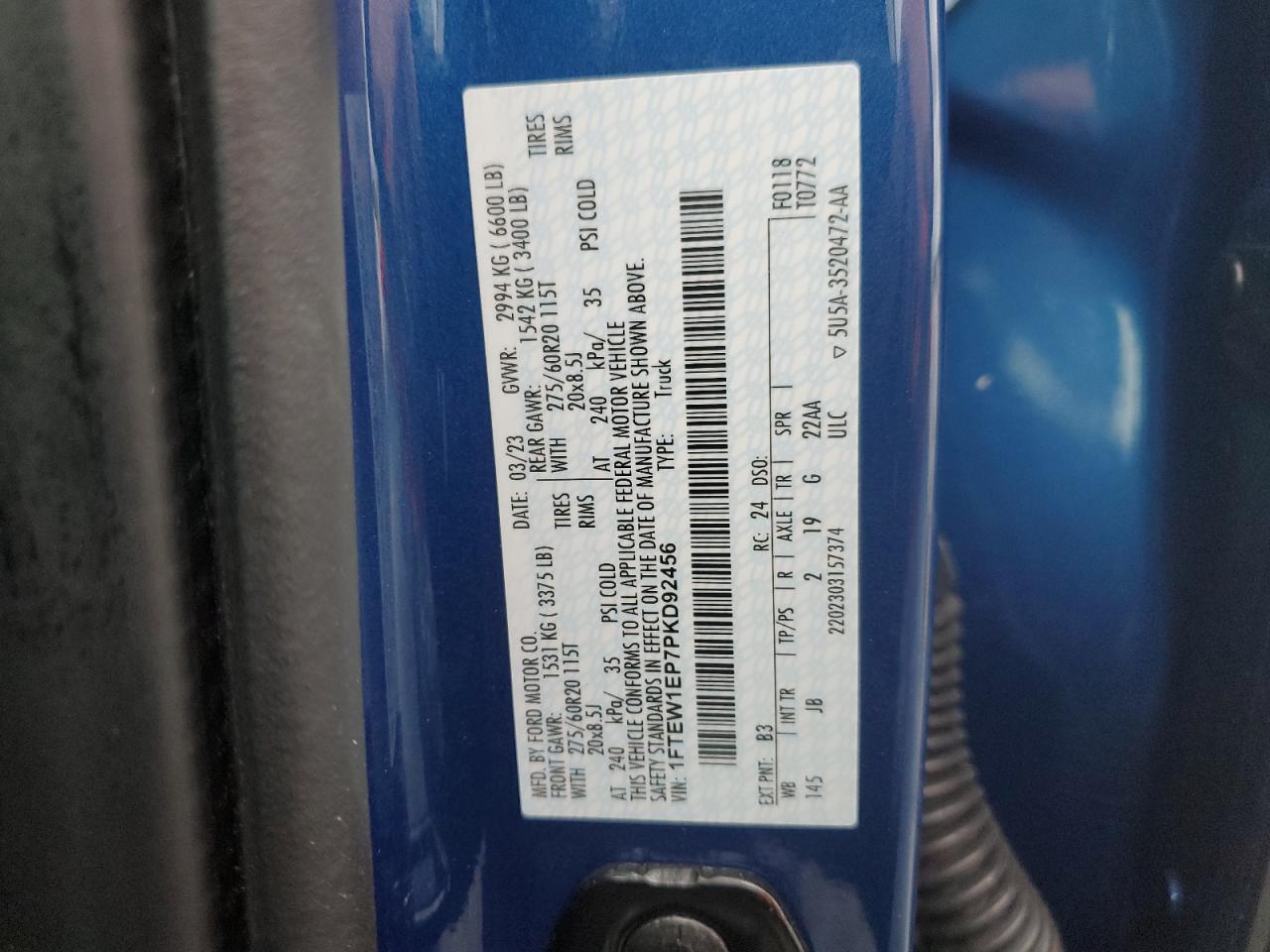 2023 Ford F-150 VIN 1FTEW1EP7PKD92456 Copart auction photo, water/flood damage thumbnail 13