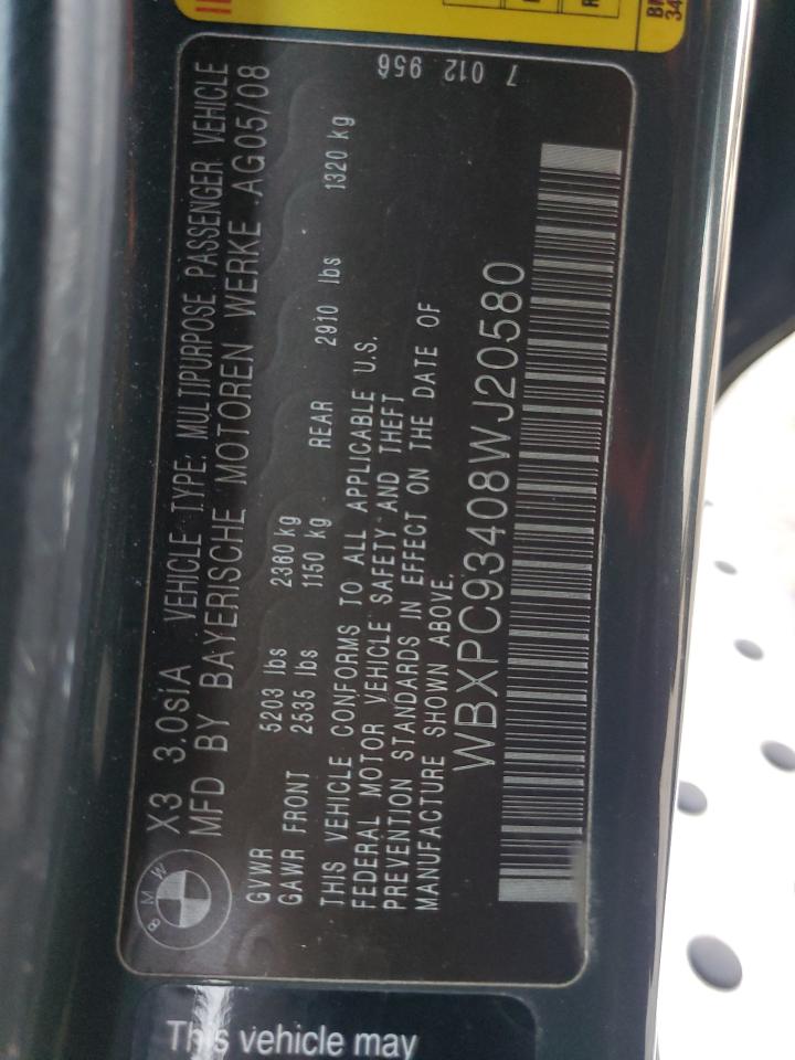 2008 BMW X3 VIN WBXPC93408WJ20580 Copart auction photo, rear end / minor dent/scratches damage thumbnail 14