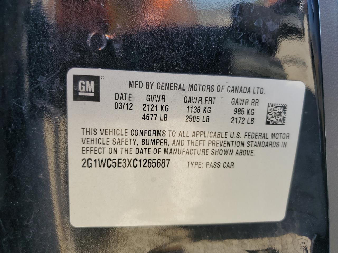 2012 Chevrolet Impala VIN 2G1WC5E3XC1265687 Copart auction photo, front end / side damage thumbnail 14