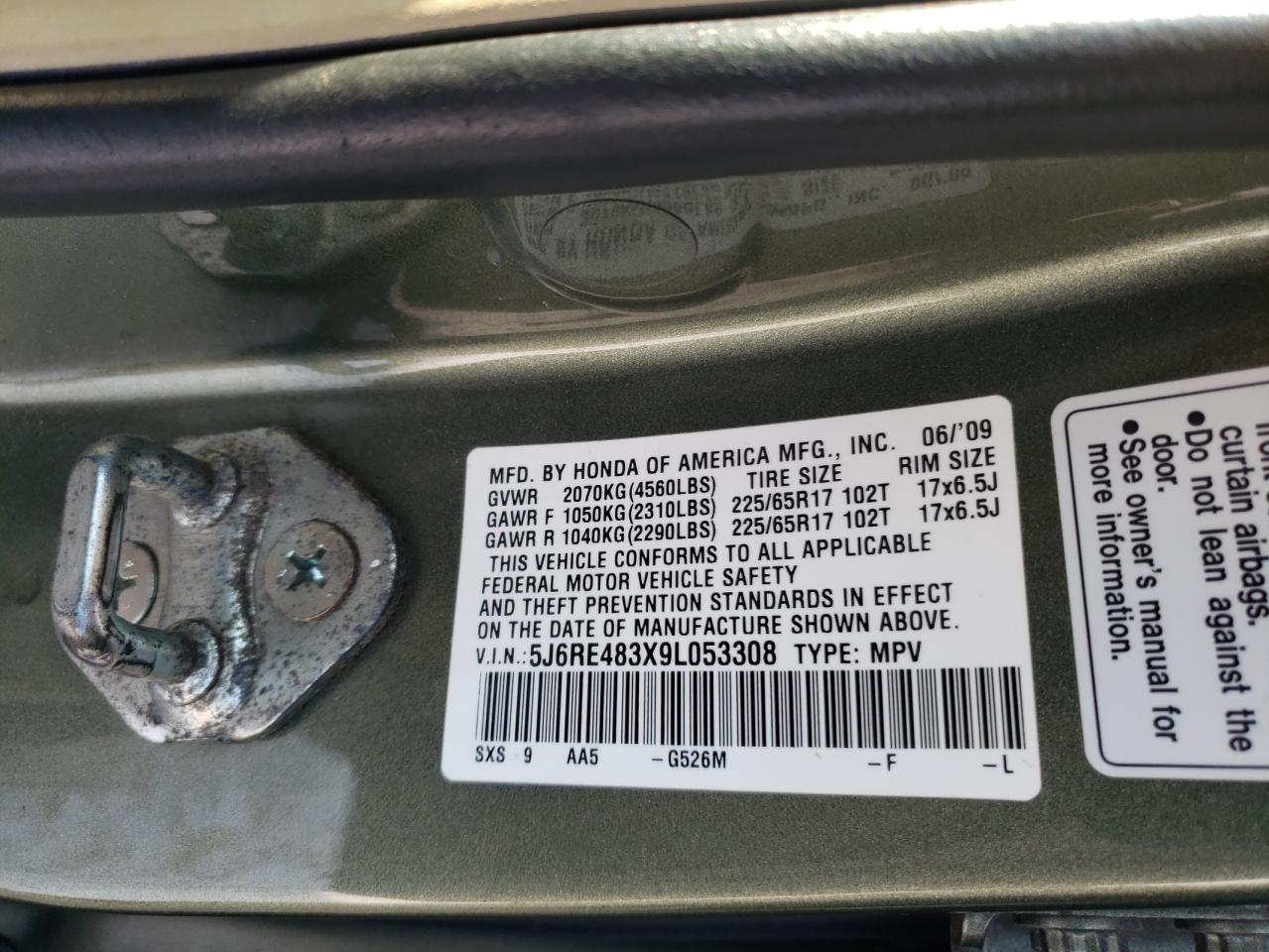 2009 Honda CR-V VIN 5J6RE483X9L053308 Copart auction photo, front end damage thumbnail 13
