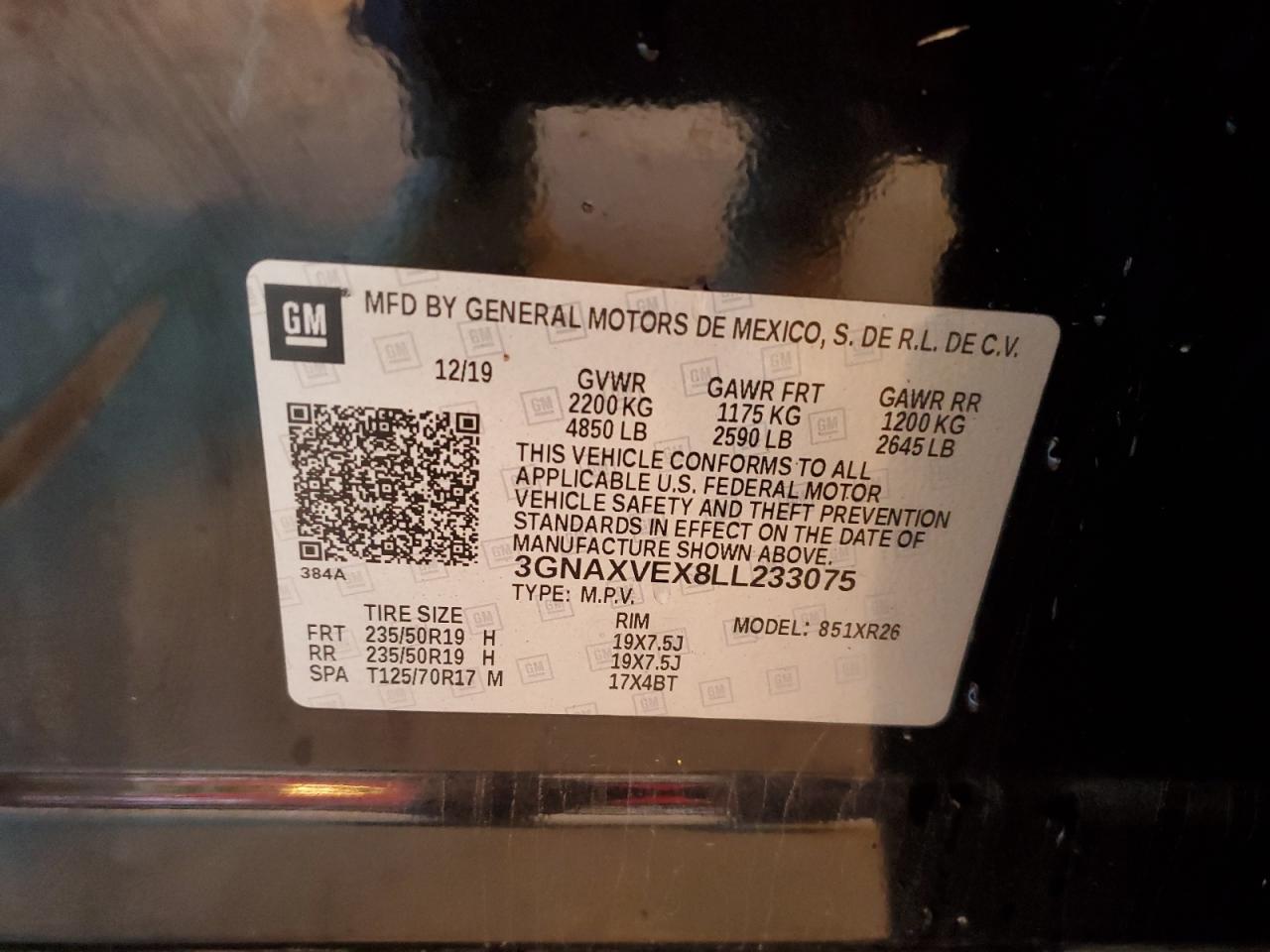 2020 Chevrolet Equinox VIN 3GNAXVEX8LL233075 Copart auction photo, rear end / hail damage thumbnail 16