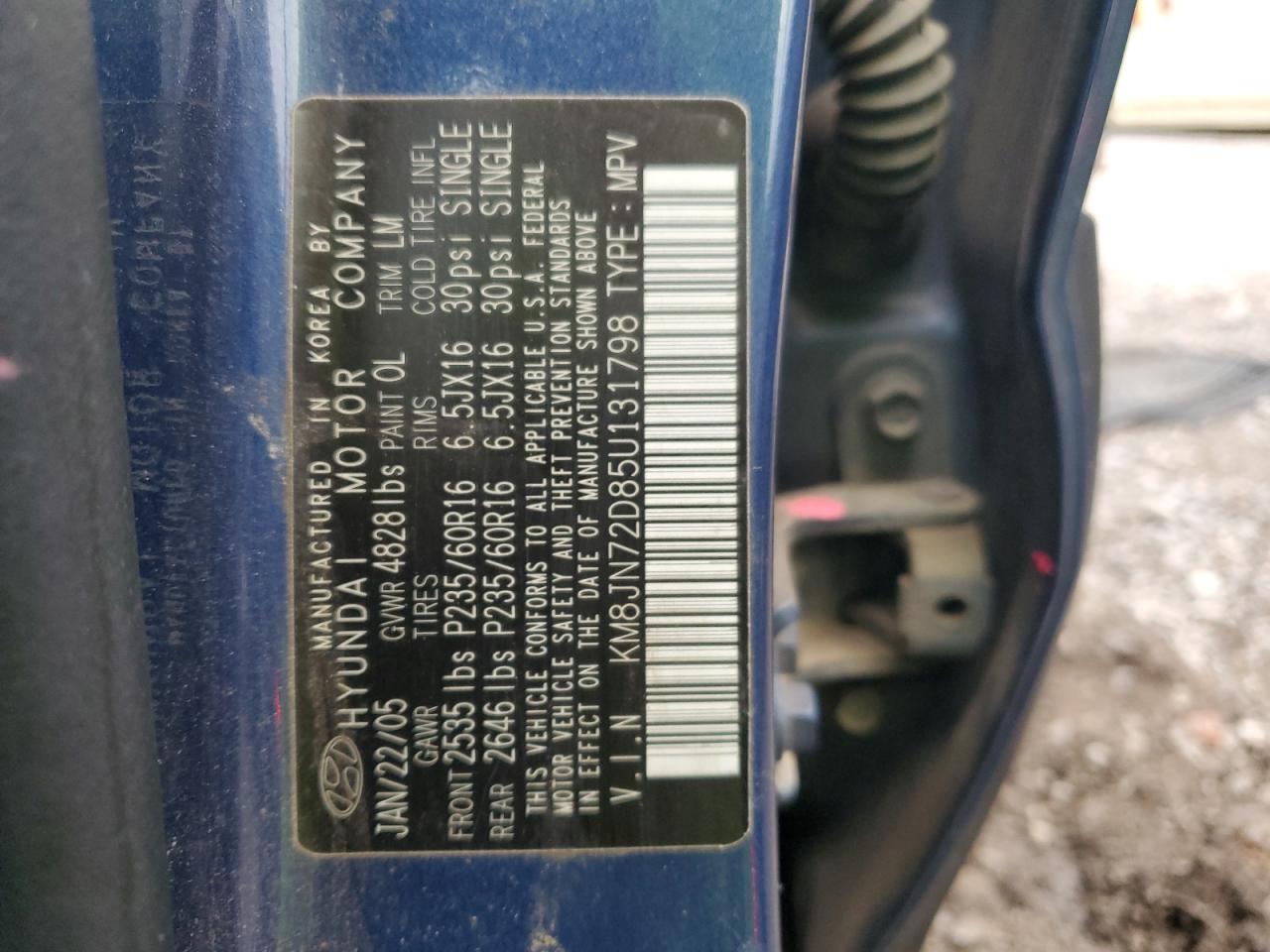 2005 Hyundai Tucson VIN KM8JN72D85U131798 Copart auction photo, front end damage thumbnail 12