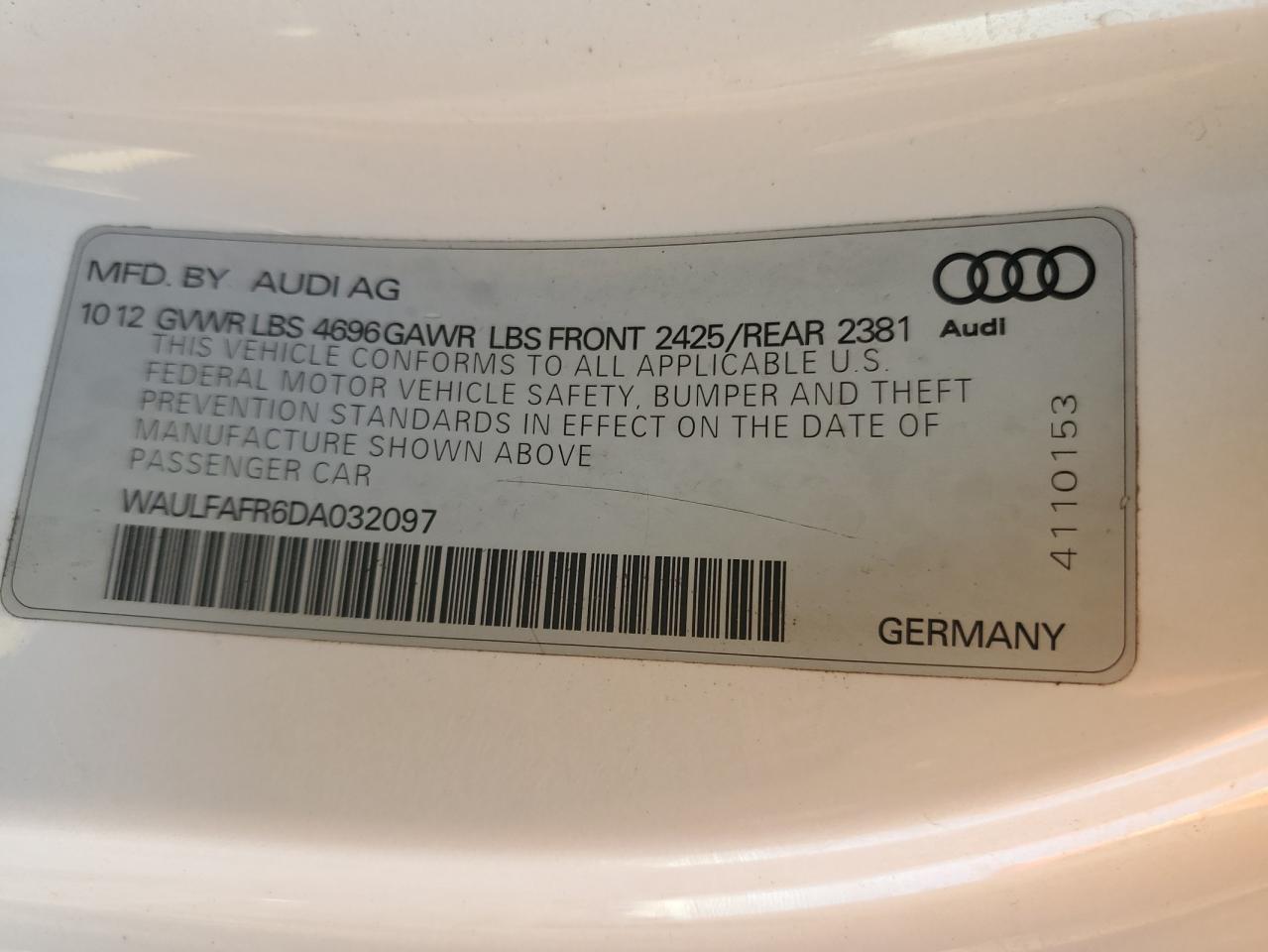 2013 Audi A5 VIN WAULFAFR6DA032097 Copart auction photo, front end / minor dent/scratches damage thumbnail 12