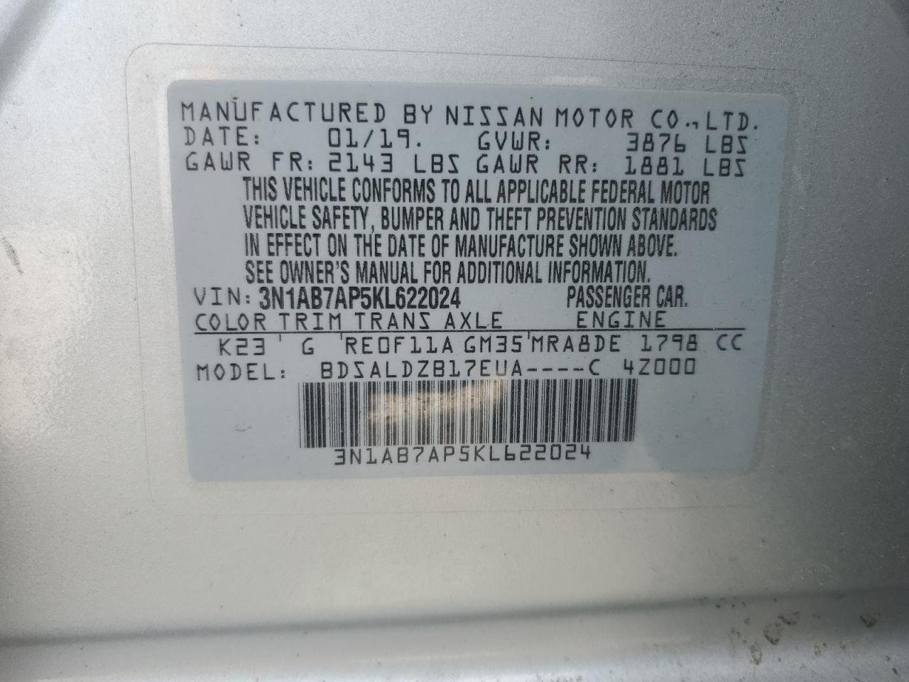 2019 Nissan Sentra VIN 3N1AB7AP5KL622024 Copart auction photo, rear end / all over damage thumbnail 14
