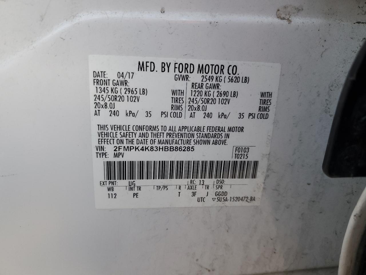 2017 Ford Edge VIN 2FMPK4K83HBB86285 Copart auction photo, rear end / undercarriage damage thumbnail 13