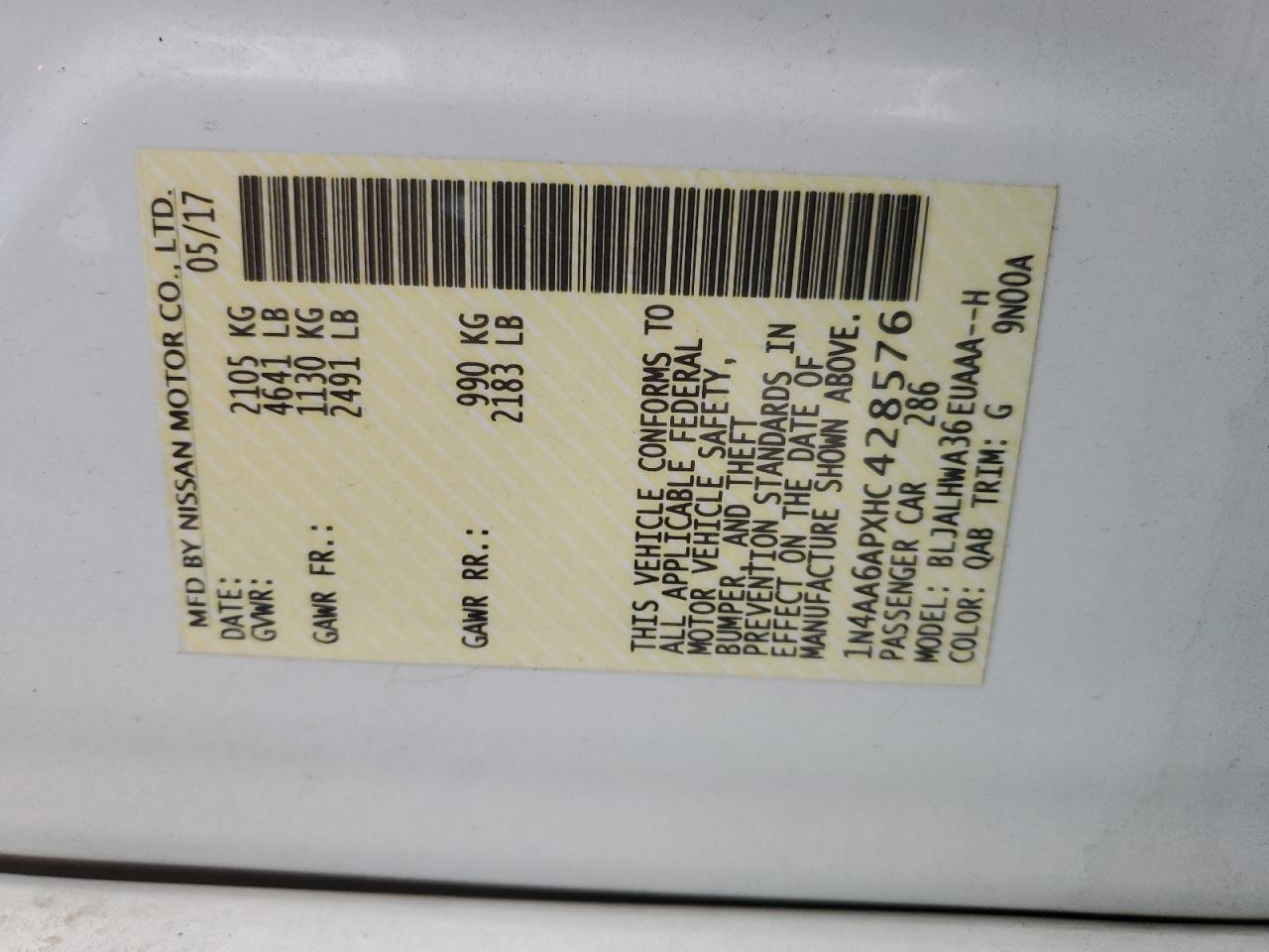 2017 Nissan Maxima VIN 1N4AA6APXHC428576 Copart auction photo, front end damage thumbnail 15