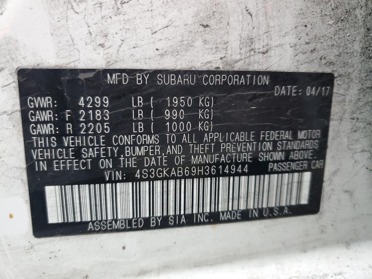 2017 Subaru Impreza VIN 4S3GKAB69H3614944 Copart auction photo, rear end damage thumbnail 13