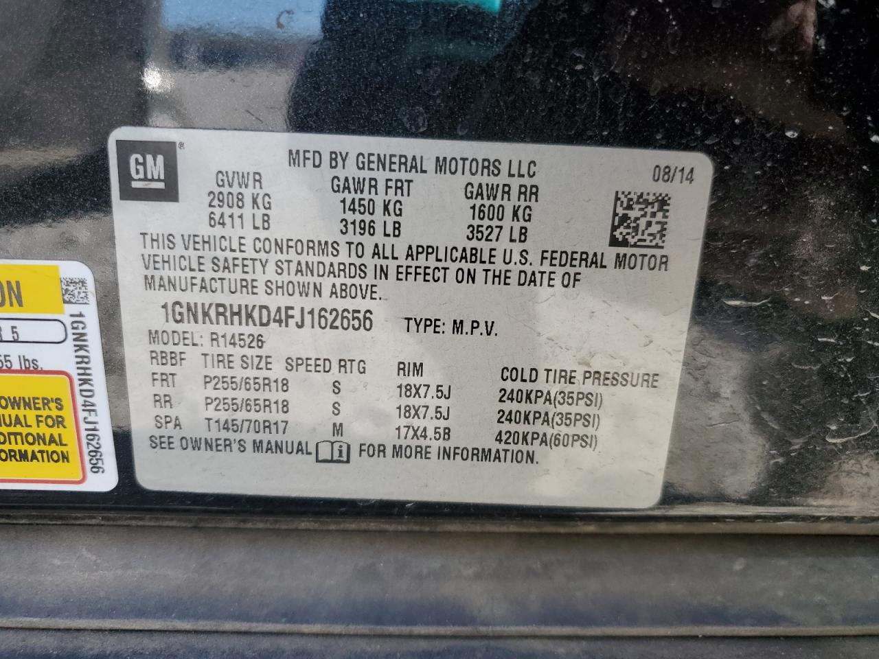 2015 Chevrolet Traverse VIN 1GNKRHKD4FJ162656 Copart auction photo, front end damage thumbnail 15