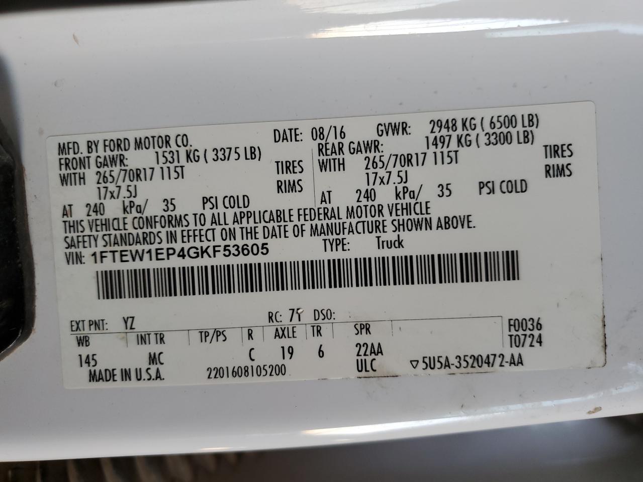 2016 Ford F-150 VIN 1FTEW1EP4GKF53605 Copart auction photo, minor dent/scratches damage thumbnail 12