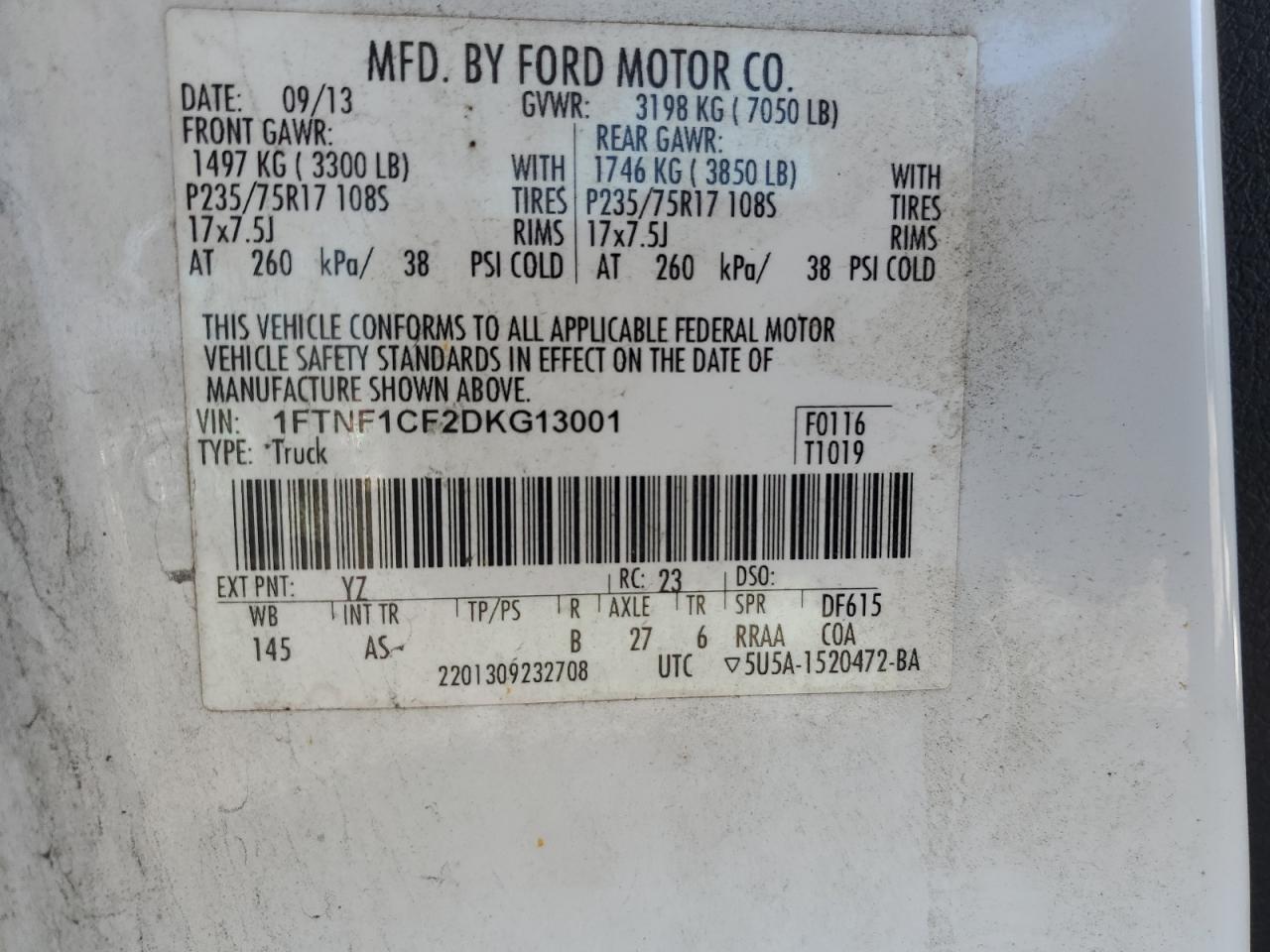 2013 Ford F-150 VIN 1FTNF1CF2DKG13001 Copart auction photo, front end / rear end damage thumbnail 12