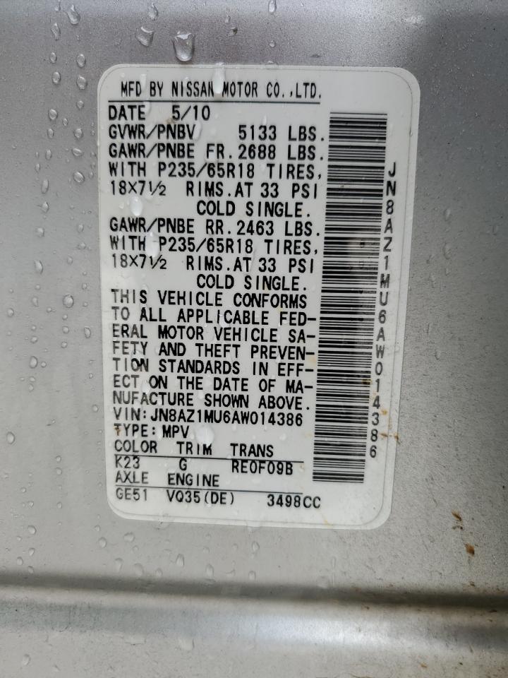 2010 Nissan Murano VIN JN8AZ1MU6AW014386 Copart auction photo, front end damage thumbnail 14