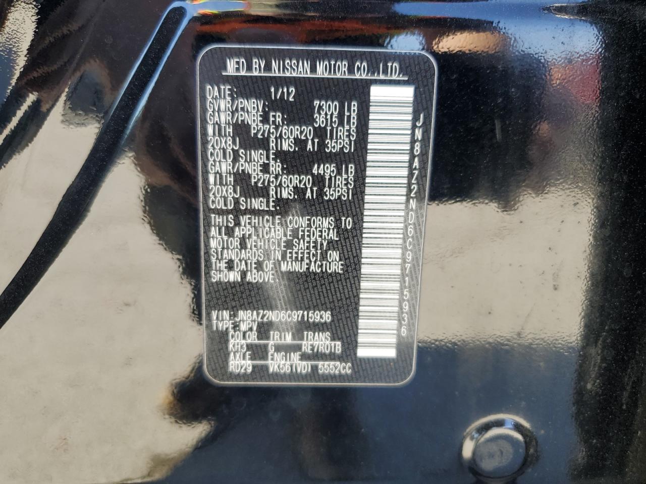 2012 Infiniti QX56 VIN JN8AZ2ND6C9715936 Copart auction photo, rear end damage thumbnail 14
