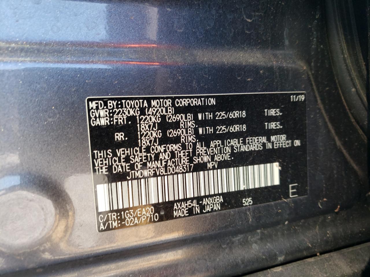 2020 Toyota RAV 4 VIN JTMDWRFV8LD048317 Copart auction photo, front end damage thumbnail 12