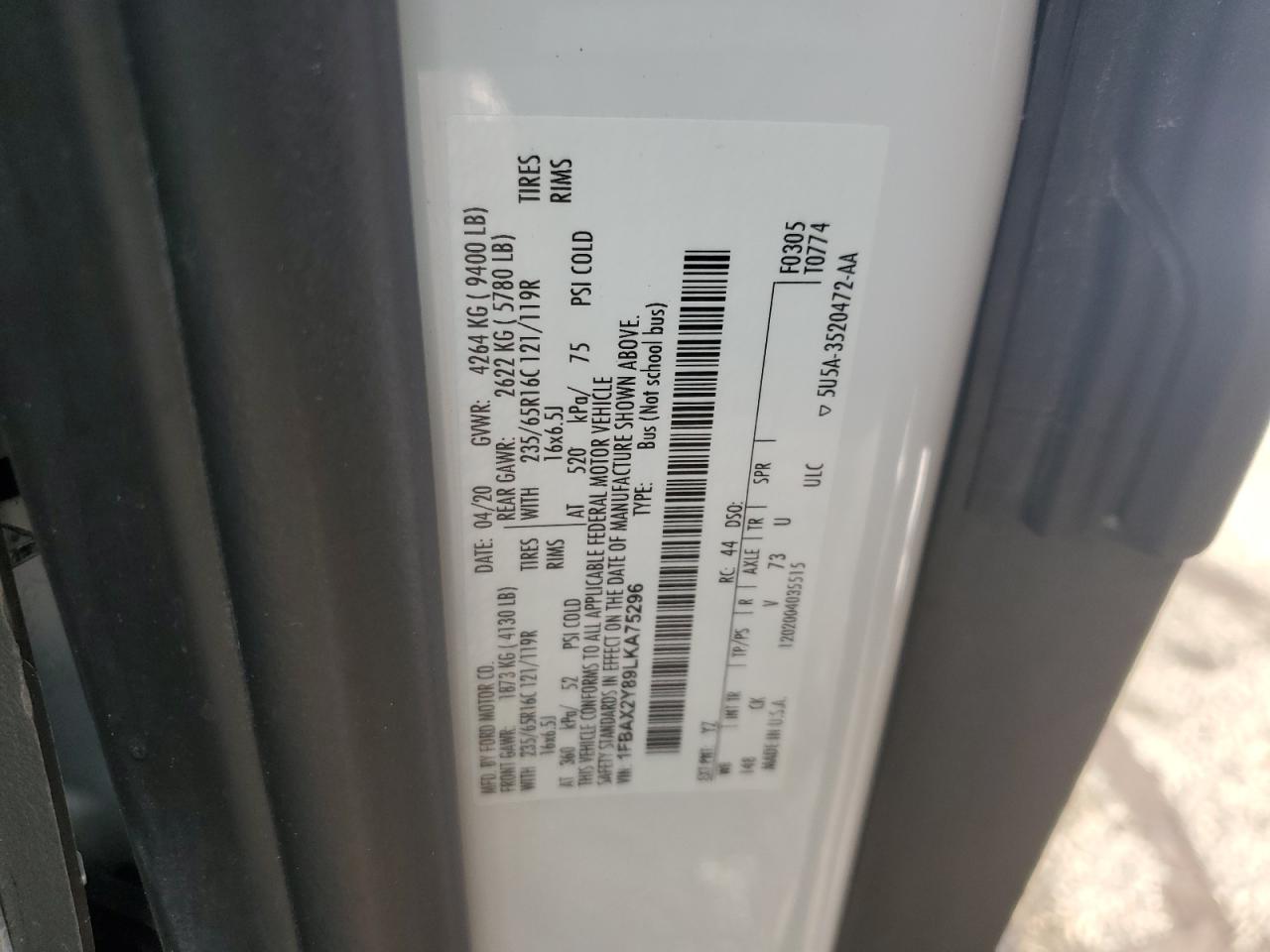 2020 Ford Transit VIN 1FBAX2Y89LKA75296 Copart auction photo, front end damage thumbnail 13