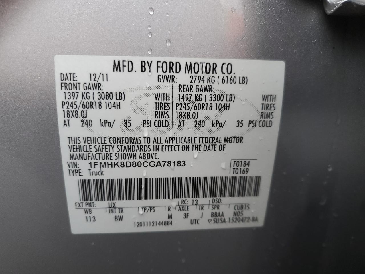 2012 Ford Explorer VIN 1FMHK8D80CGA78183 Copart auction photo, minor dent/scratches damage thumbnail 13