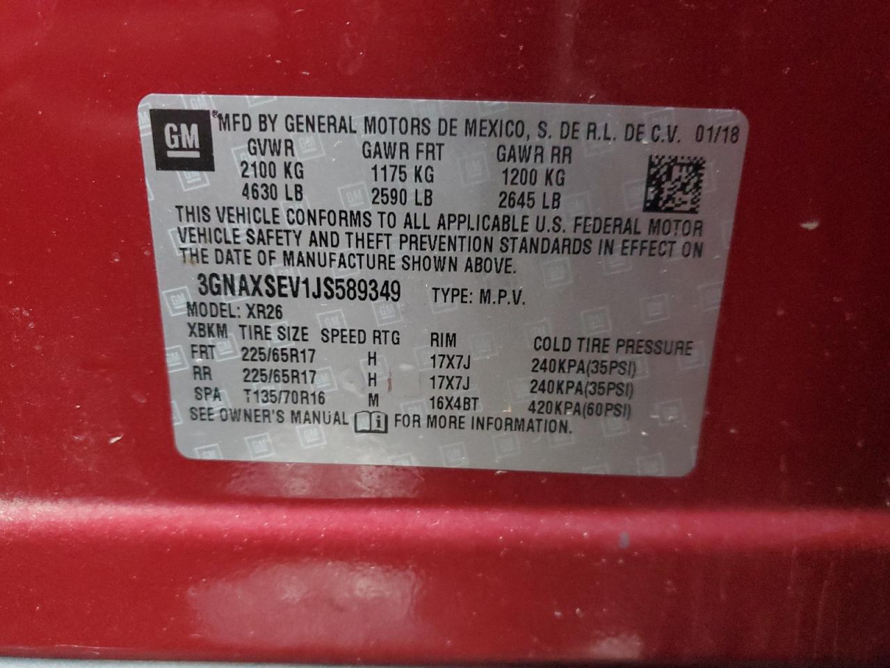 2018 Chevrolet Equinox VIN 3GNAXSEV1JS589349 Copart auction photo, front end damage thumbnail 13