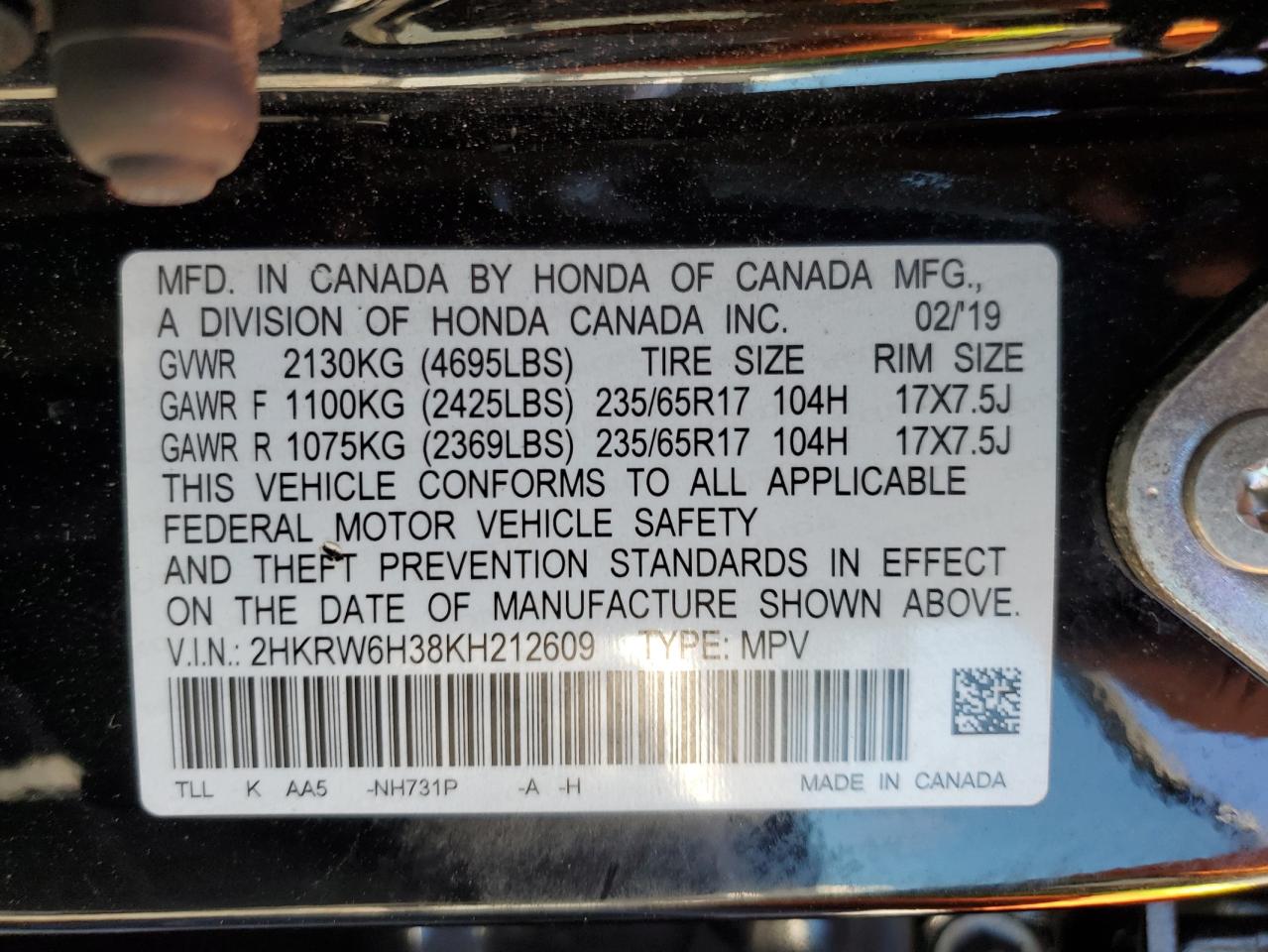 2019 Honda CR-V VIN 2HKRW6H38KH212609 Copart auction photo, rear end / front end damage thumbnail 15