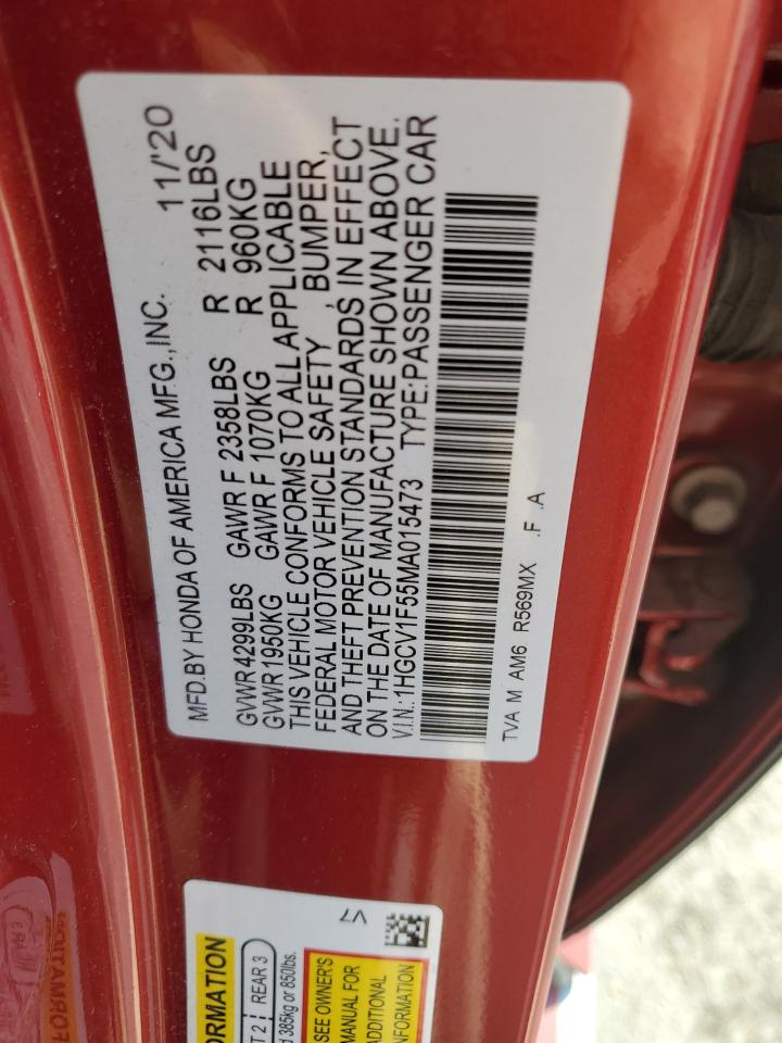 2021 Honda Accord VIN 1HGCV1F55MA015473 Copart auction photo, front end / side damage thumbnail 13