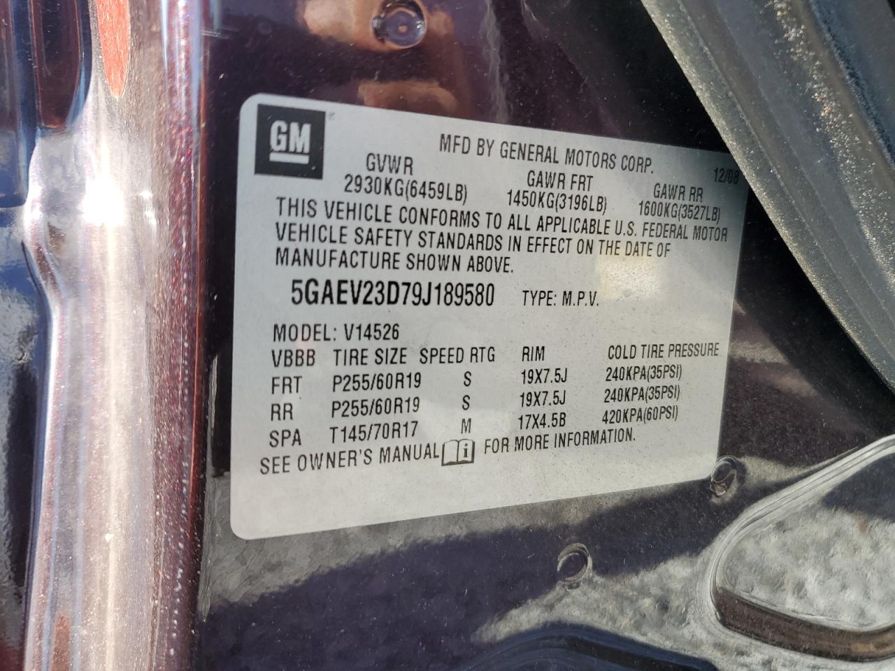 2009 Buick Enclave VIN 5GAEV23D79J189580 Copart auction photo, front end damage thumbnail 13