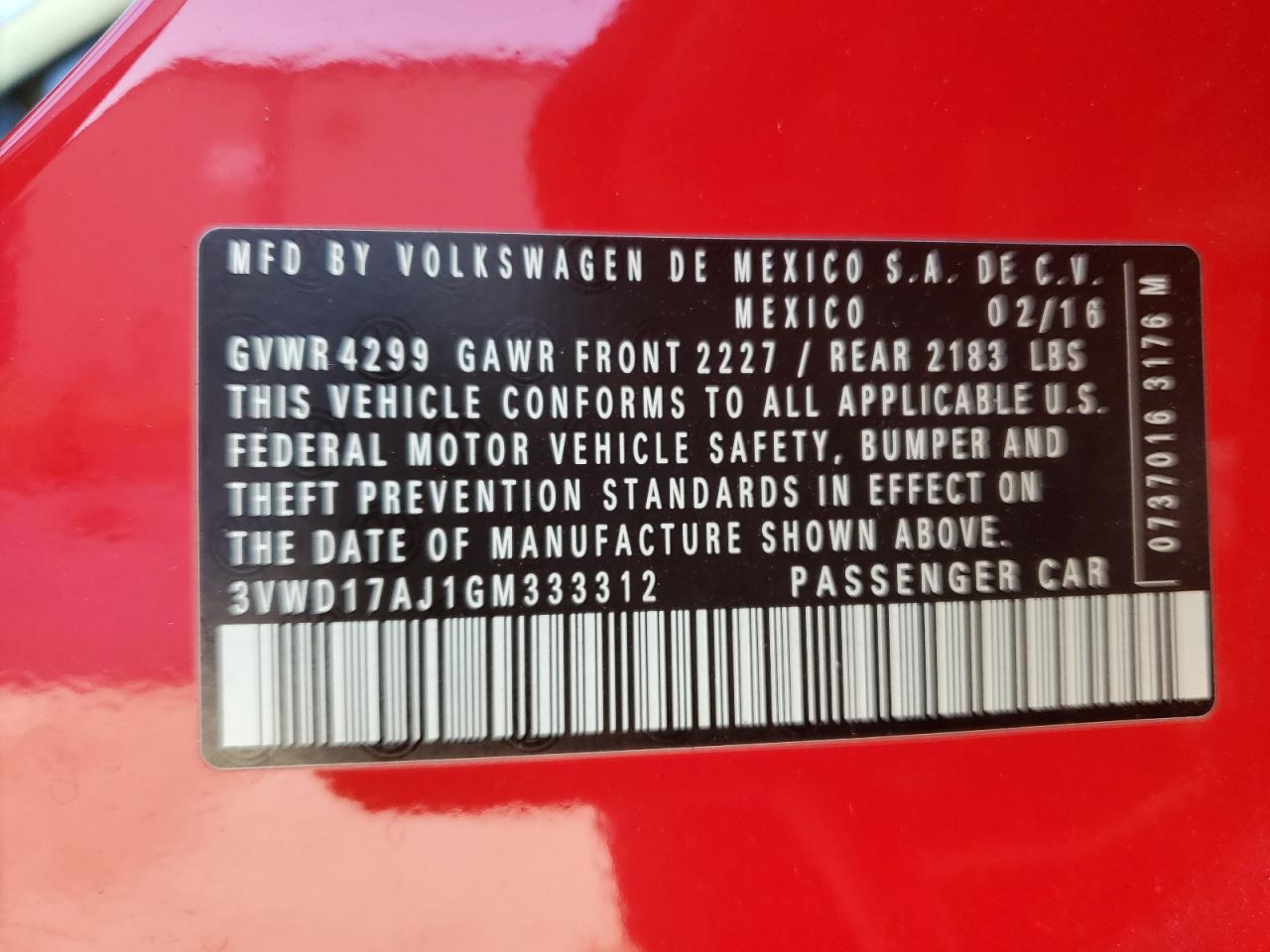 2016 Volkswagen Jetta VIN 3VWD17AJ1GM333312 Copart auction photo, rear end / minor dent/scratches damage thumbnail 13