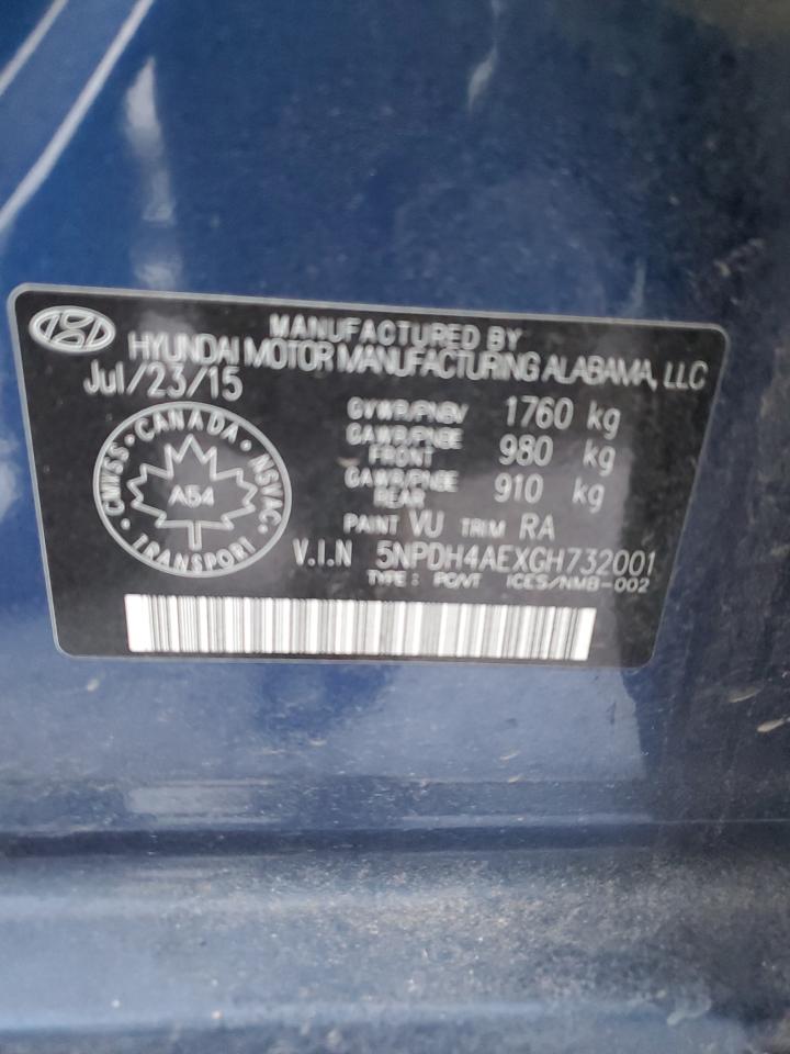 2016 Hyundai Elantra VIN 5NPDH4AEXGH732001 Copart auction photo, side / rear end damage thumbnail 12