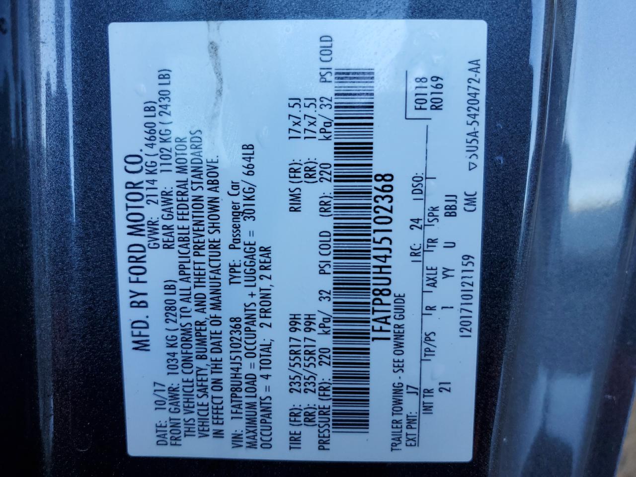 2018 Ford Mustang VIN 1FATP8UH4J5102368 Copart auction photo, rear end / minor dent/scratches damage thumbnail 12
