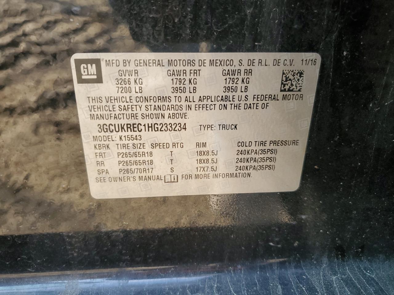 2017 Chevrolet Silverado VIN 3GCUKREC1HG233234 Copart auction photo, front end / rear end damage thumbnail 12