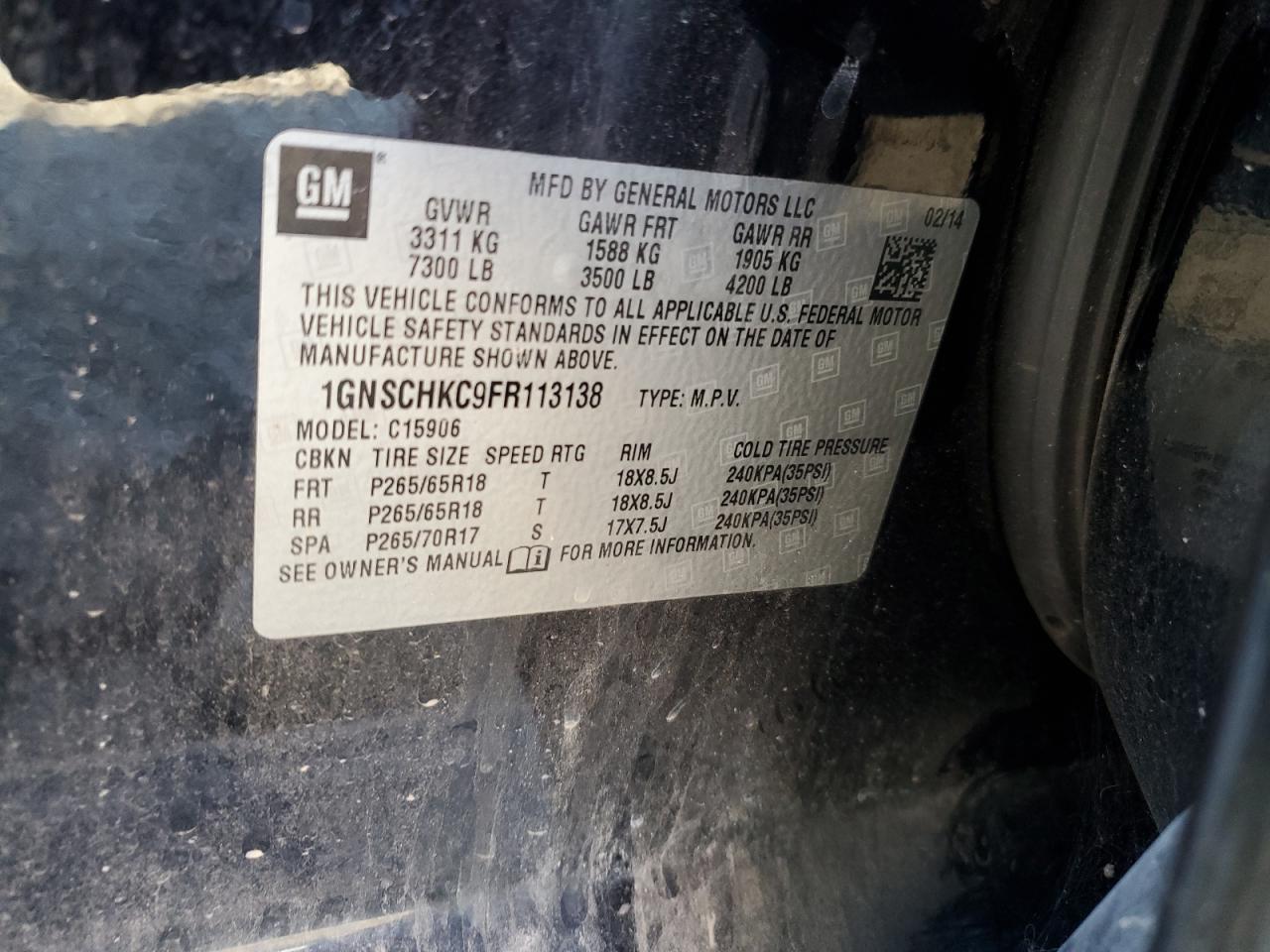 2015 Chevrolet Suburban VIN 1GNSCHKC9FR113138 Copart auction photo, front end damage thumbnail 13