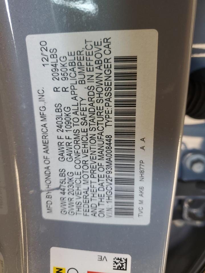 2021 Honda Accord VIN 1HGCV2F93MA008448 Copart auction photo, all over damage thumbnail 13