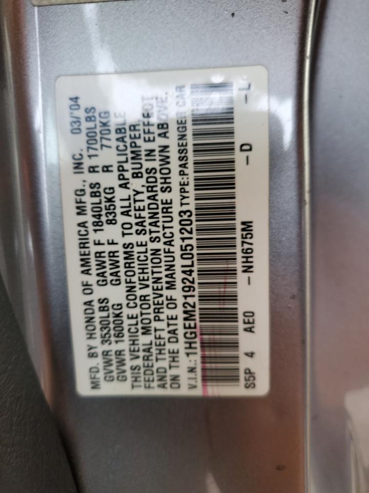 2004 Honda Civic VIN 1HGEM21924L051203 Copart auction photo, side / front end damage thumbnail 12
