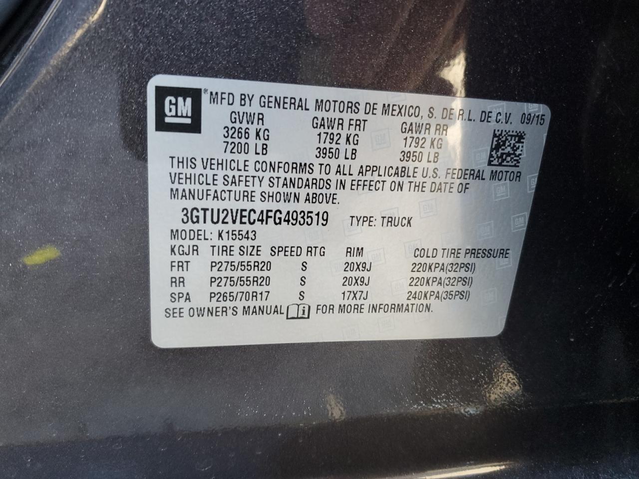 2015 GMC Sierra VIN 3GTU2VEC4FG493519 Copart auction photo, side damage thumbnail 12