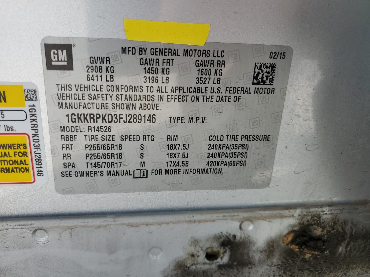 2015 GMC Acadia VIN 1GKKRPKD3FJ289146 Copart auction photo, rear end / minor dent/scratches damage thumbnail 14