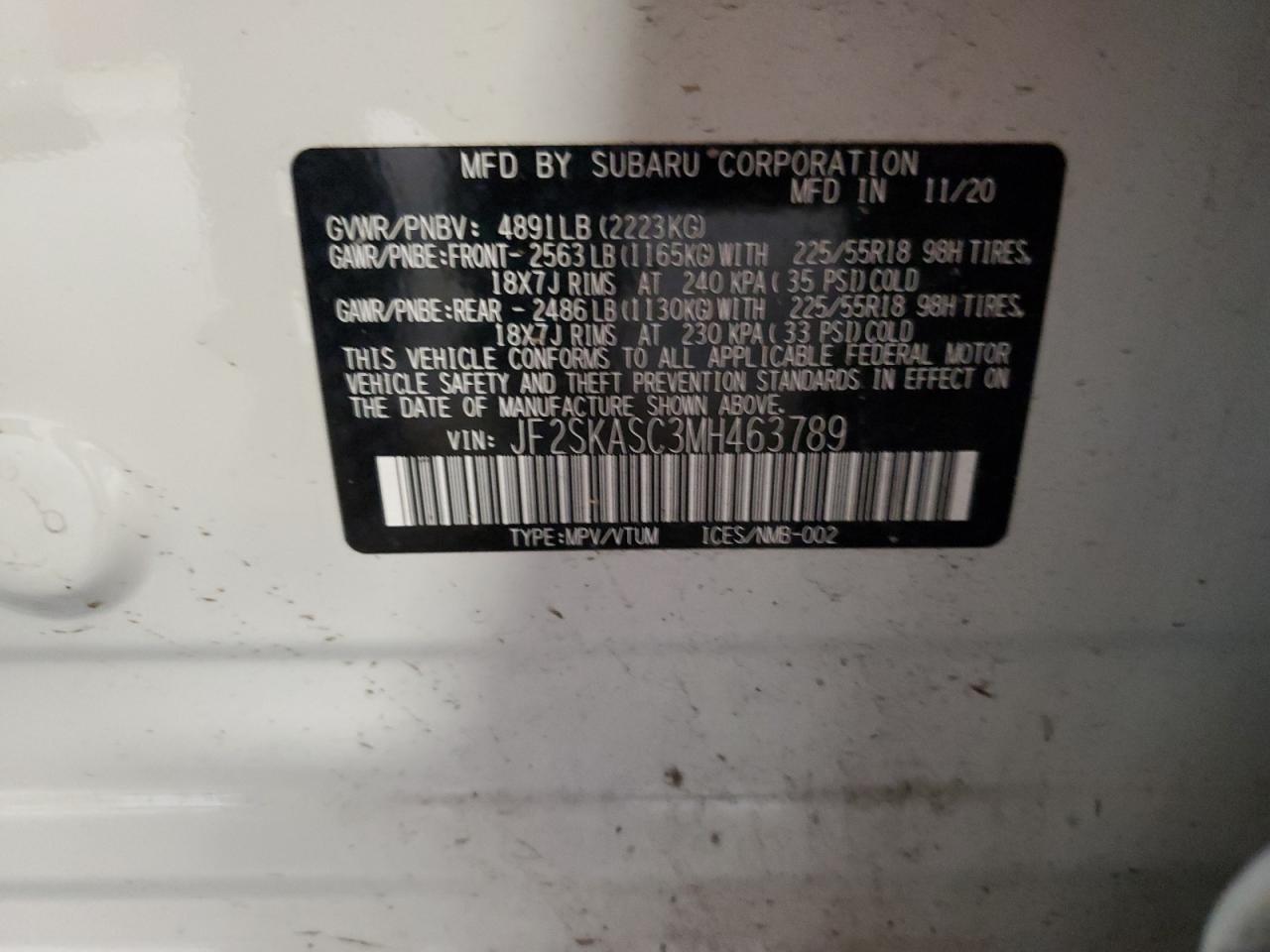 2021 Subaru Forester VIN JF2SKASC3MH463789 Copart auction photo, top/roof damage thumbnail 13
