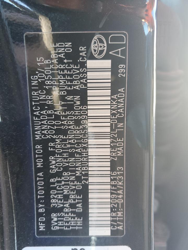 2016 Toyota Corolla VIN 2T1BURHEXGC539906 Copart auction photo, all over damage thumbnail 13