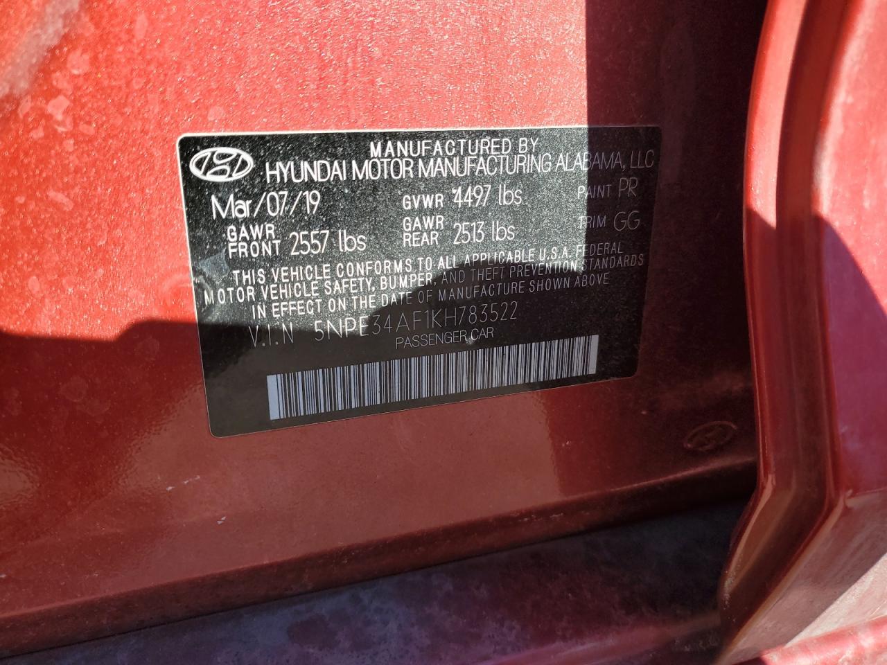 2019 Hyundai Sonata VIN 5NPE34AF1KH783522 Copart auction photo, rear end damage thumbnail 12
