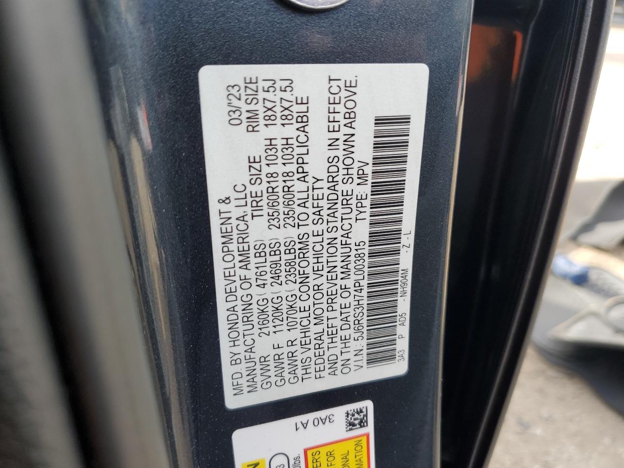 2023 Honda CR-V VIN 5J6RS3H74PL003815 Copart auction photo, front end damage thumbnail 14