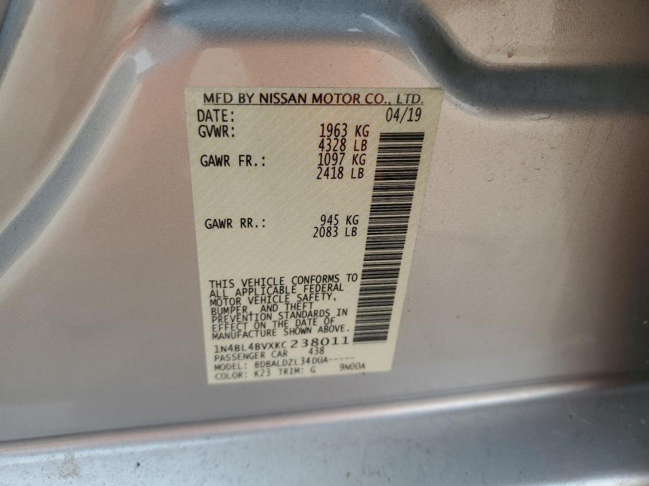 2019 Nissan Altima VIN 1N4BL4BVXKC238011 Copart auction photo, undercarriage / minor dent/scratches damage thumbnail 14
