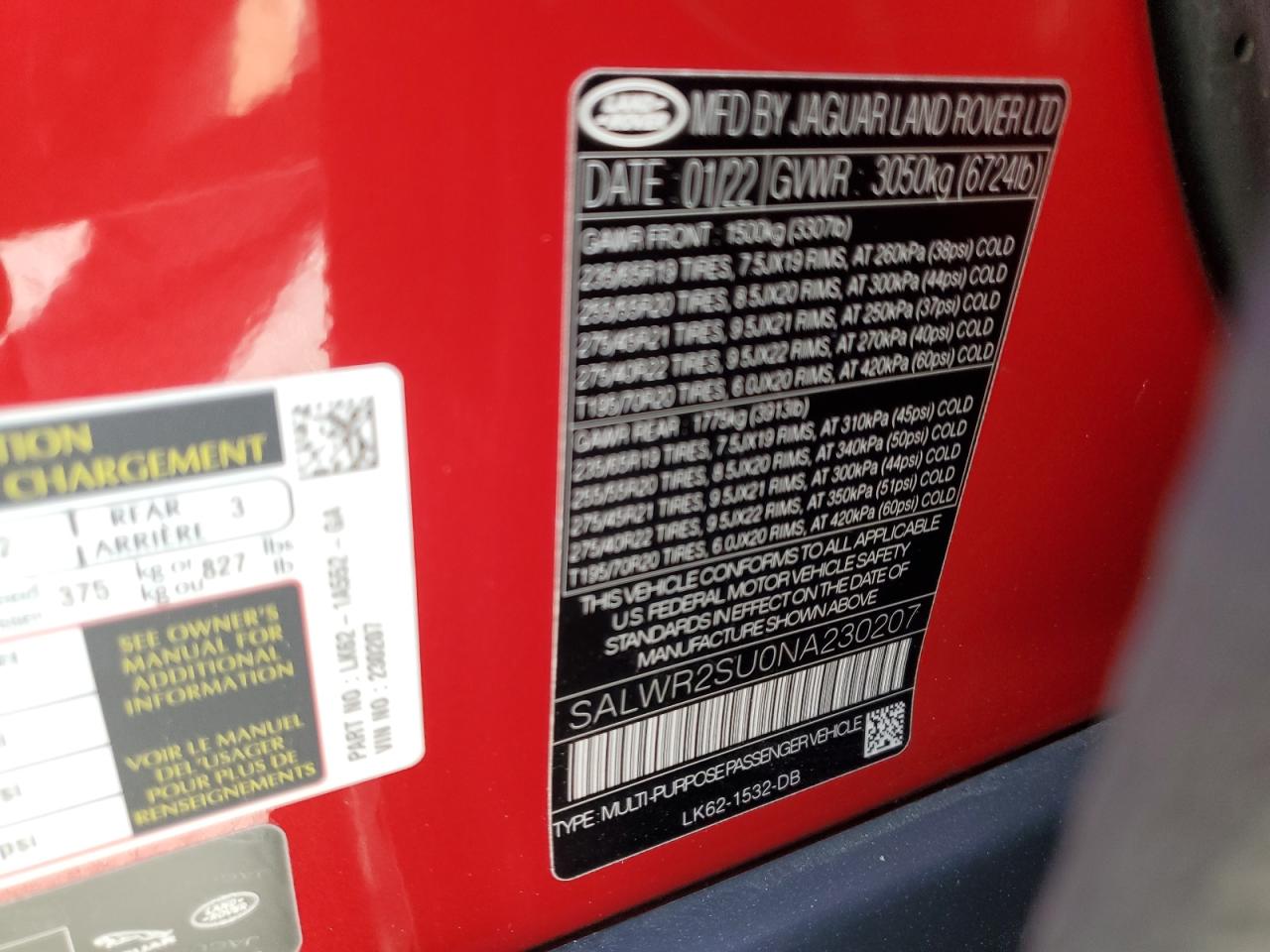 2022 Land Rover Range Rover VIN SALWR2SU0NA230207 Copart auction photo, rear end damage thumbnail 14