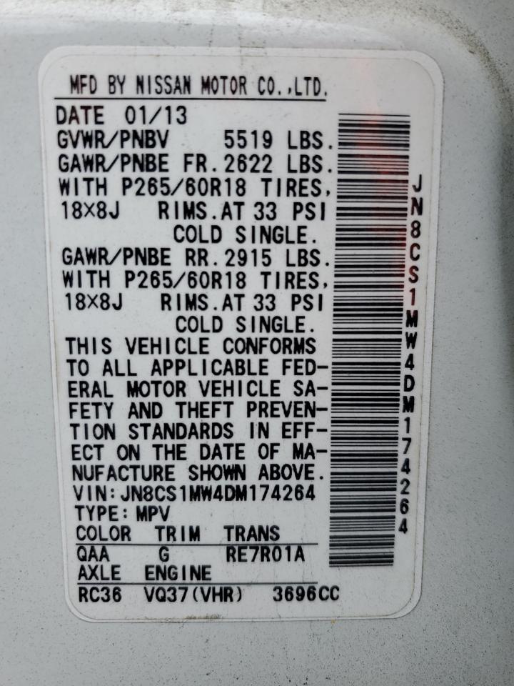 2013 Infiniti FX VIN JN8CS1MW4DM174264 Copart auction photo, front end / side damage thumbnail 13