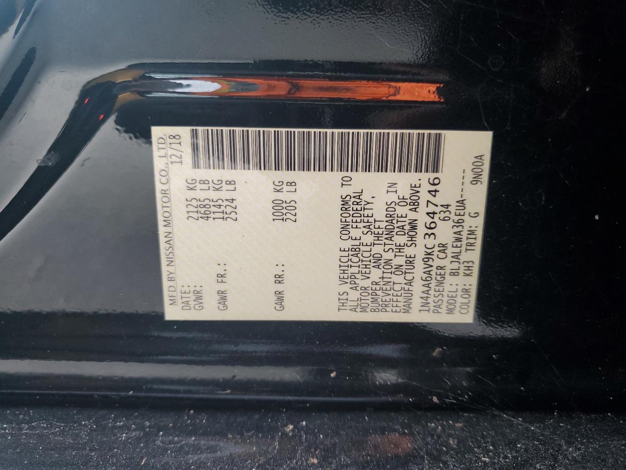 2019 Nissan Maxima VIN 1N4AA6AV9KC364746 Copart auction photo, front end / side damage thumbnail 12