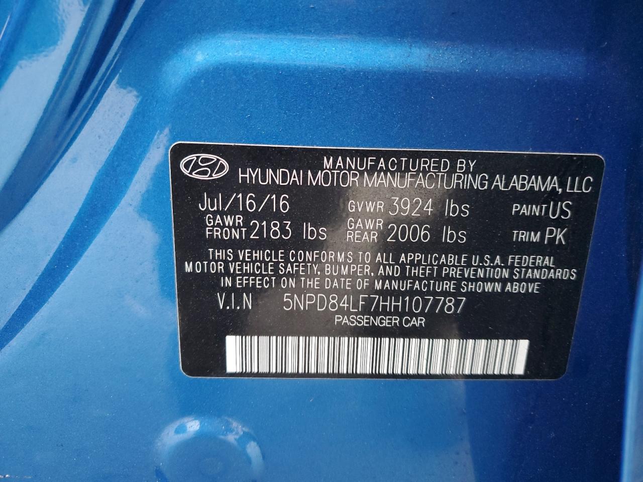 2017 Hyundai Elantra VIN 5NPD84LF7HH107787 Copart auction photo, side / minor dent/scratches damage thumbnail 12
